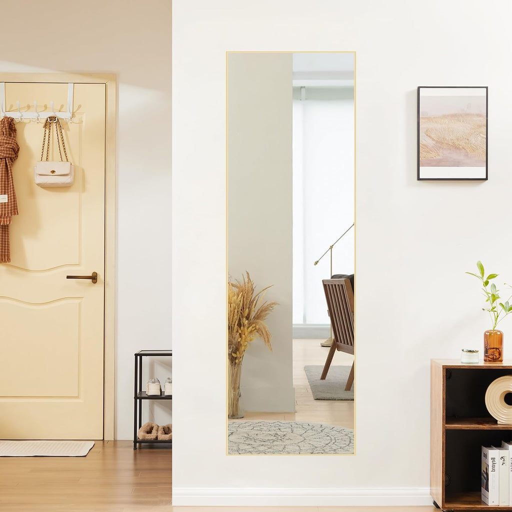 DUMOS Gold Full Length Mirror 59"x16.5" Full Body Floor Mirror for Bedroom or Cloakroom, Can Stand Alone, Hang or Lean Against Wall, Tall Wall Mirrors with Stand and Sleek Aluminum Alloy Thin Frame