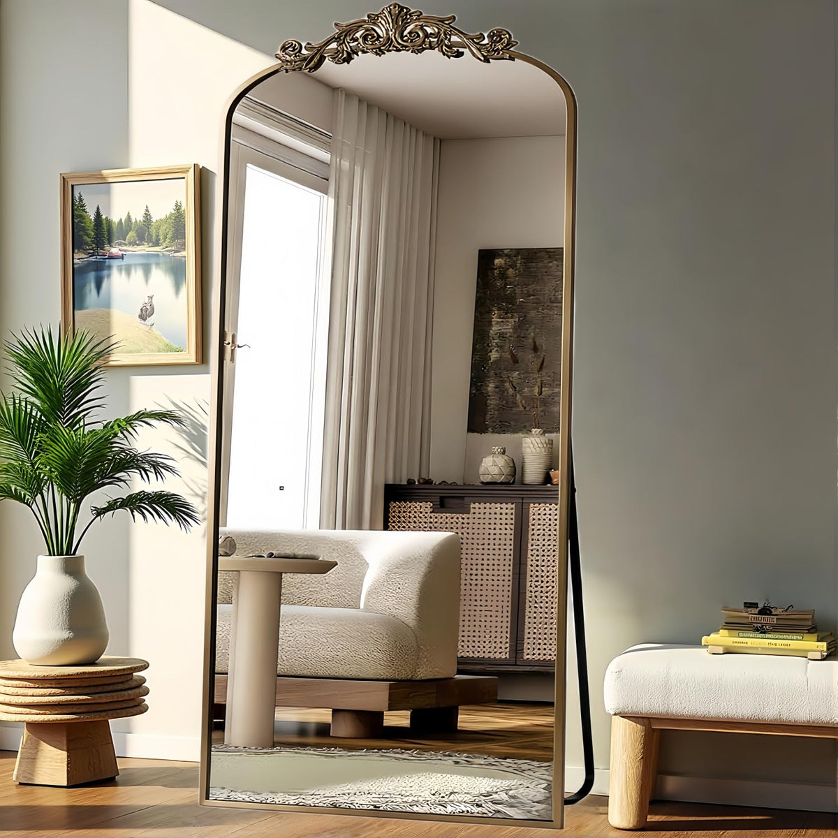 Dewfig Vintage Arched Wall Mirror, 30"x22" Bronze Antique Bathroom Mirror