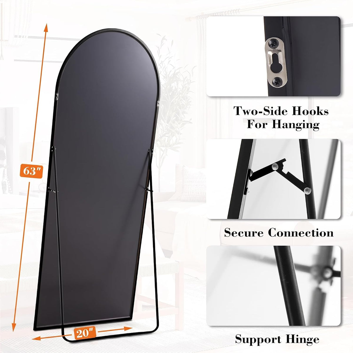 DUMOS 63"x20" Arched Full Length Floor Mirror, Full Body Mirror with Stand
