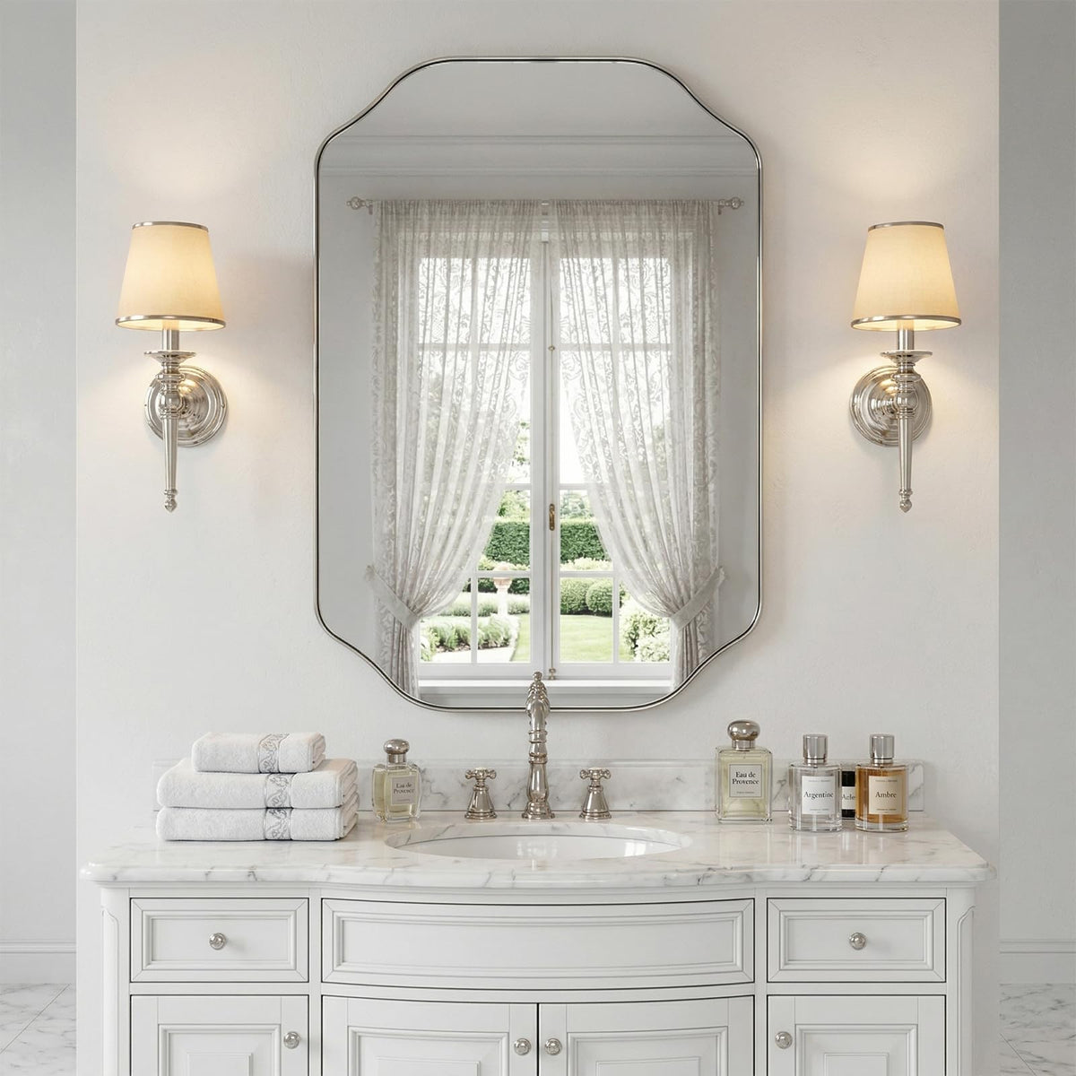 20x30 Inch Bathroom Mirror, Brushed Nickel Scalloped Wall Vanity Mirror Anti-Rust Stainless Steel 0.8" Frame Wall Mounts Horizontally or Vertically