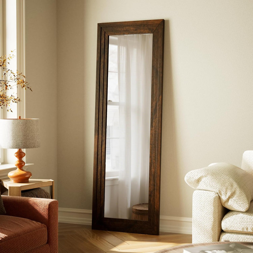 Full Length Mirror 65"X22", Walnut Large Floor Mirror with Solid Wood Frame