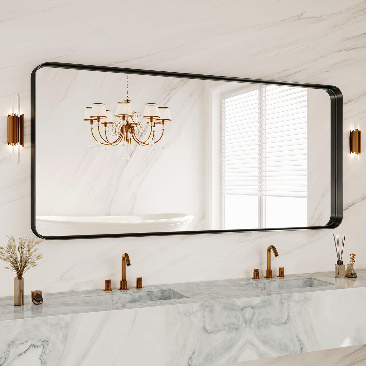 30x36 Inch Black Metal Framed Bathroom Mirror for Wall, HD Tempered Glass