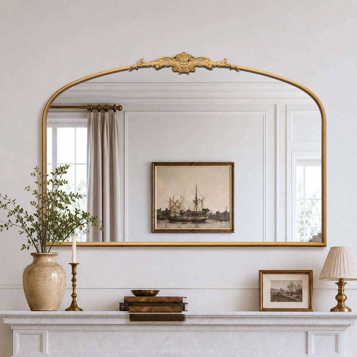 Besdomus Vintage Arched Gold Mirror: 40"x29" Large Brass Antique Decorative