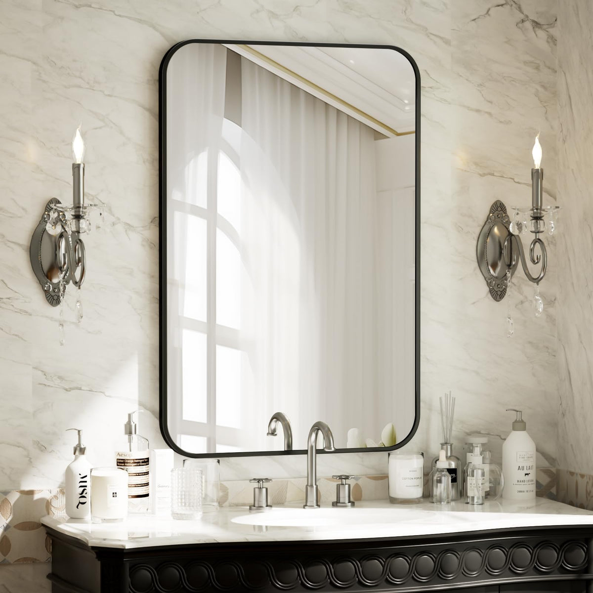BEAUTYPEAK 24" x 36" Rectangular Aluminum Alloy Frame Wall Mounted Bathroom Mirror with Rounded Corners, Black