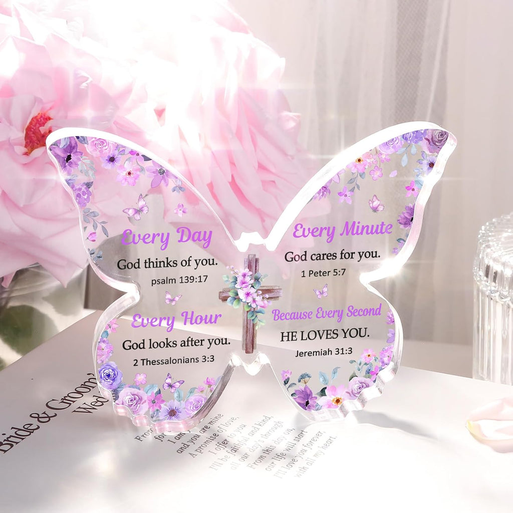 Christian Gifts for Women Faith, Butterfly Acrylic Plaque Decoration, Birthday Gifts for Women, Spiritual Present for Female Friend Family, Office Desk Decor for Woman, 5x3.8x0.5 Inch - Purple