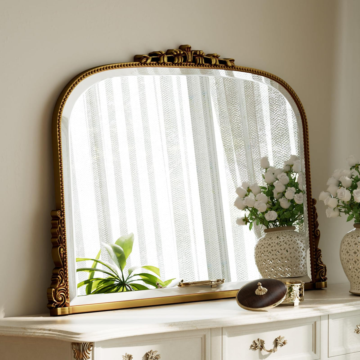 24"×32" Bronze Arched Wall Mirror with Vintage Carving