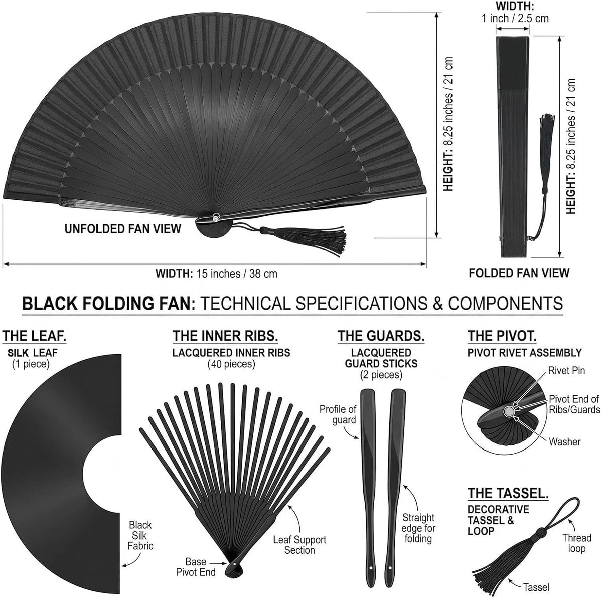 OMyTea Hand Fan Foldable for Women, Japanese Chinese Fan, Solid Black