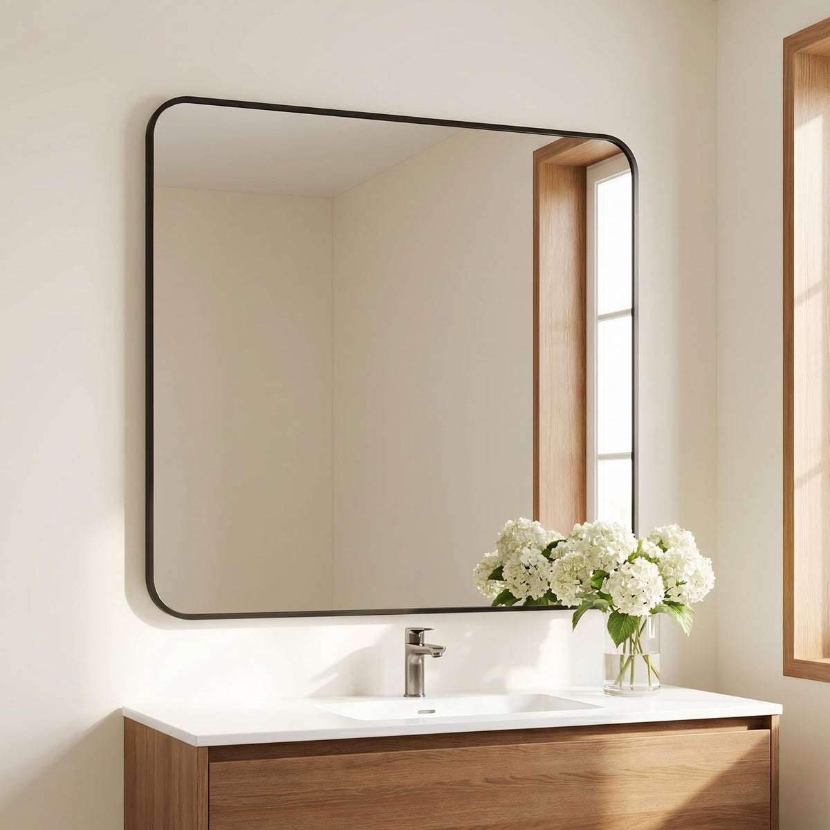 BEAUTYPEAK 24" x 36" Rectangular Aluminum Alloy Frame Wall Mounted Bathroom Mirror with Rounded Corners, Black
