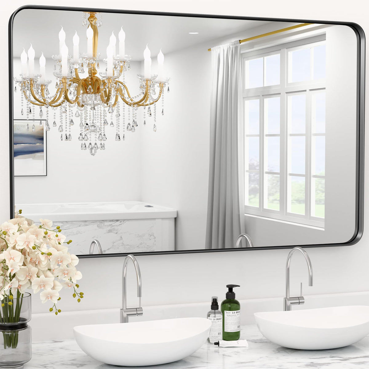 Black Bathroom Mirror 24 x 28 in Vanity Mirror,Metal Frame Wall Mirror,Farmhouse Rectangle Mirror, Bathroom Mirrors for Over Sink,Horizontal or Vertical Hanging