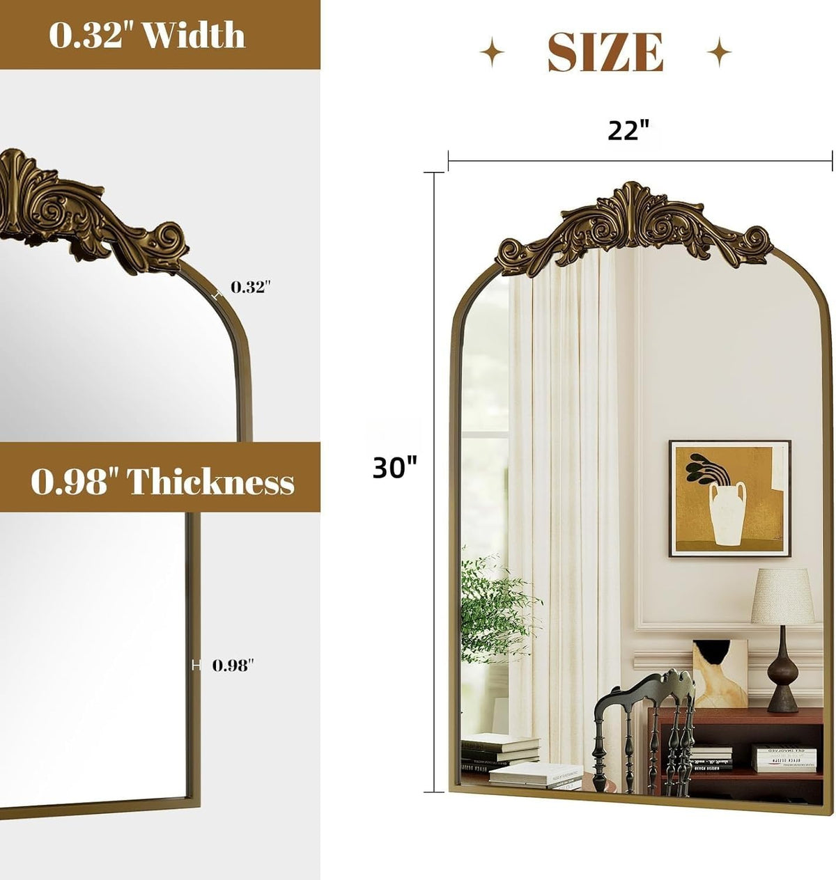 Dewfig Vintage Arched Wall Mirror, 30"x22" Bronze Antique Bathroom Mirror