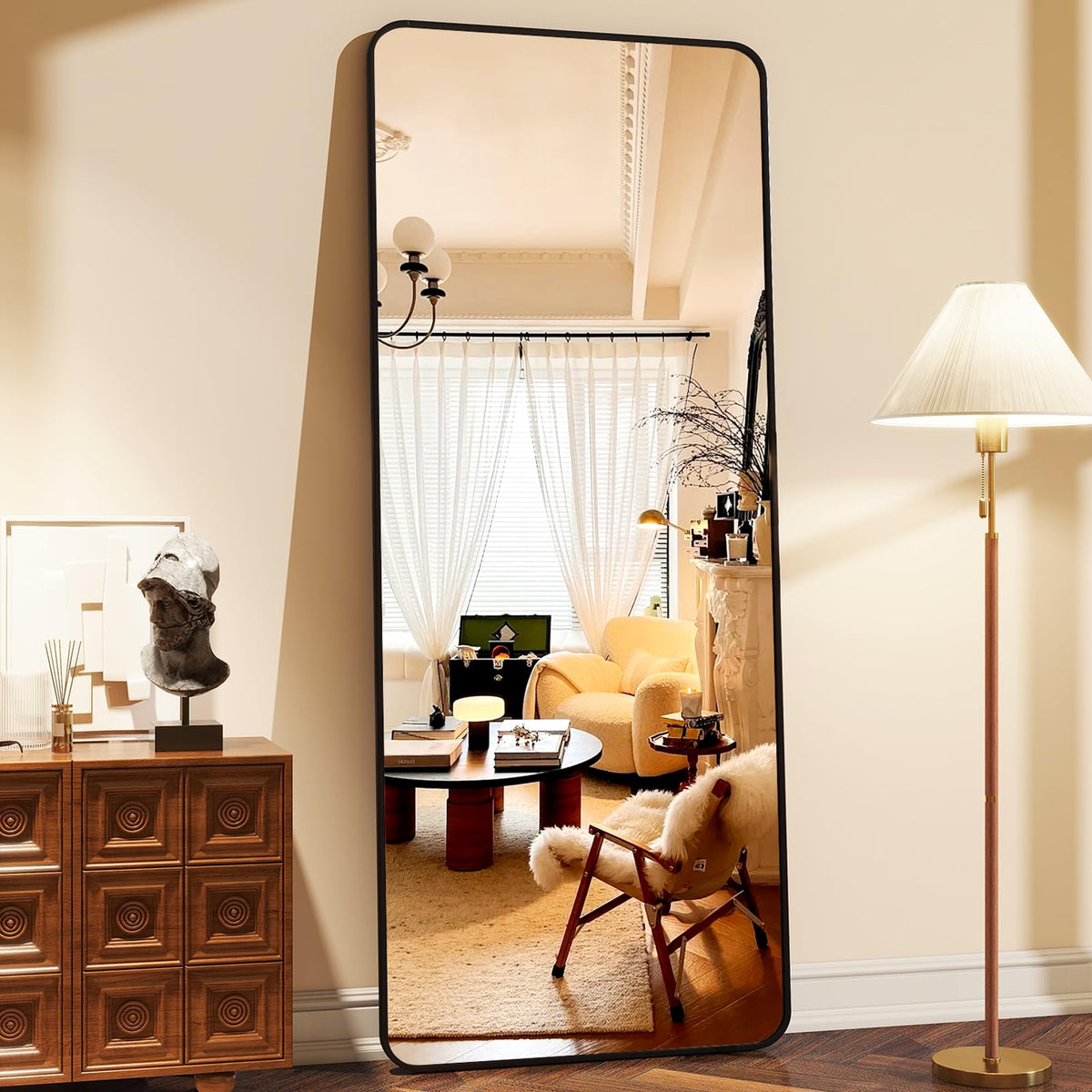 XRAMFY 56"x21" Floor Full Length Mirror Standing Full Body Rounded Corner Rectangle Mirrors with Stand Hanging Wall Mounted Leaning Bedroom Living Room Bedroom Cloakroom,Black