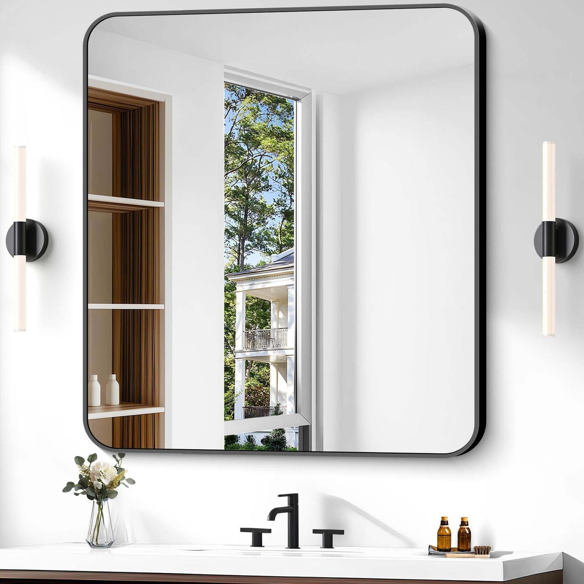 Black Bathroom Mirror, 28x42 inch Aluminum Metal Frame Rectangular Vanity Mirror, Wall Mounted Rectangle Mirrors with Rounded Corner for Bedroom Living Room Hangs Horizontal Or Vertical