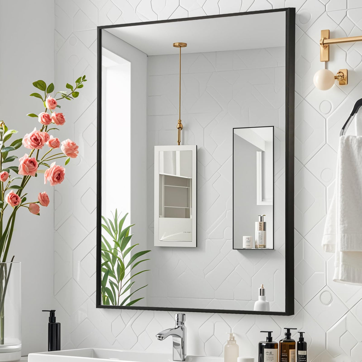 Brushed Nickel Bathroom Mirror, 30"x36" Rectangle Mirror, Brushed Mirror, Metal Frame Square Corner Vanity Mirror, Wall Mounted Mirror for Modern, Living Room, Bedroom, Horizontal Or Vertical