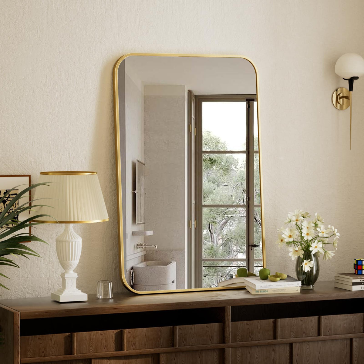 BEAUTYPEAK 24" x 36" Rectangular Aluminum Alloy Frame Wall Mounted Bathroom Mirror with Rounded Corners, Black