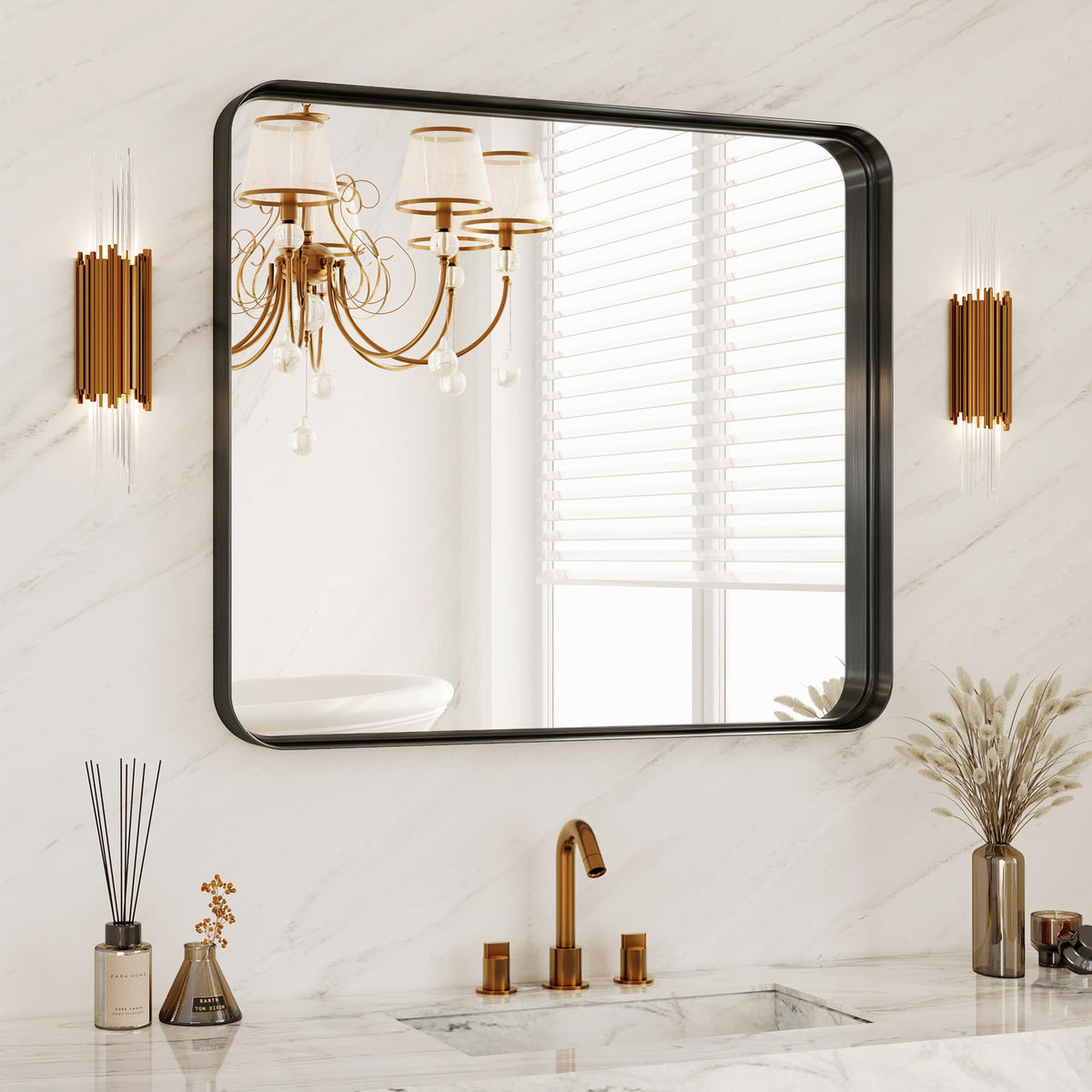 30x36 Inch Black Metal Framed Bathroom Mirror for Wall, HD Tempered Glass