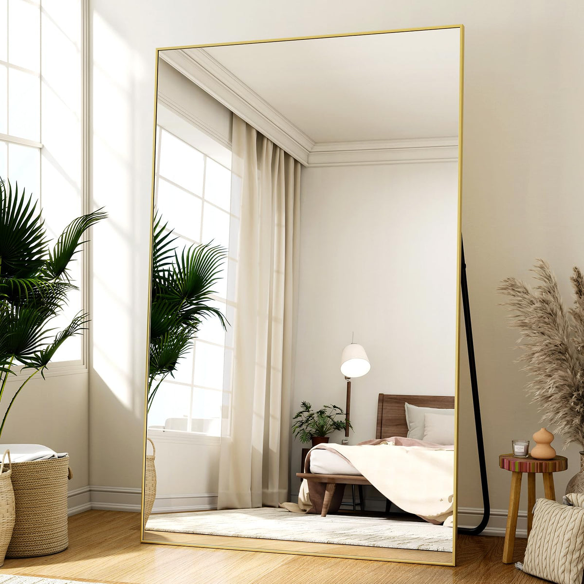 Easly 34"x76" Full Length Mirror with Stand, Large Rectangular Floor Mirror for Bedroom, Living Room or Closet, Wall-Mounted or Freestanding, Black Aluminum Alloy Frame