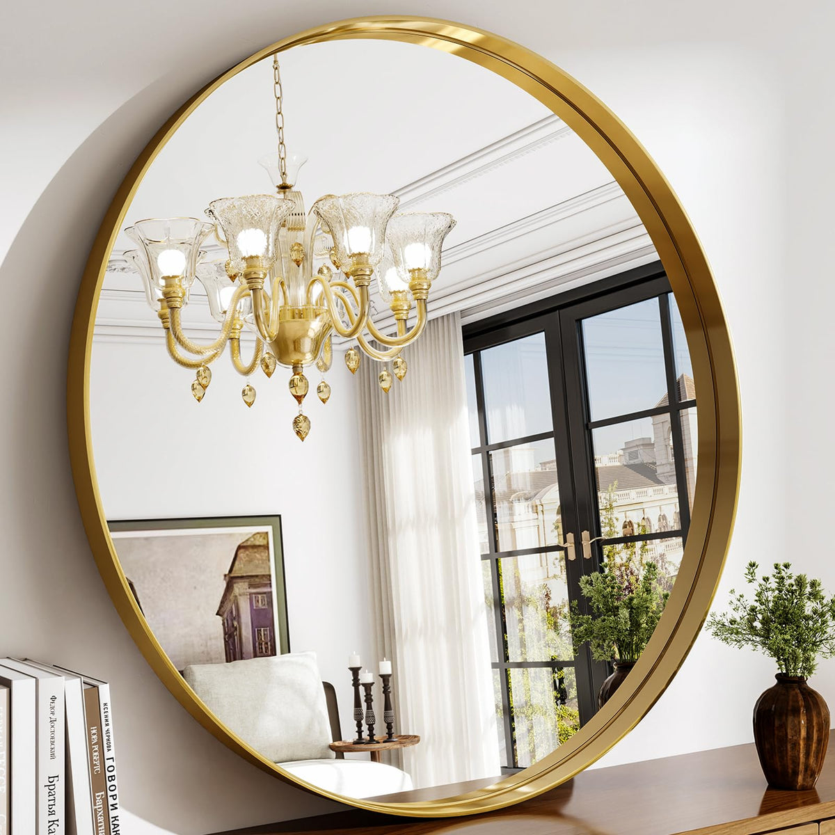 42 Inch Round Bathroom Mirror - Black Wall Mounted Circle Mirror with Metal Frame, Modern Round Hanging Mirror Suitable for Bathroom, Vanity, Entryway, Living Room