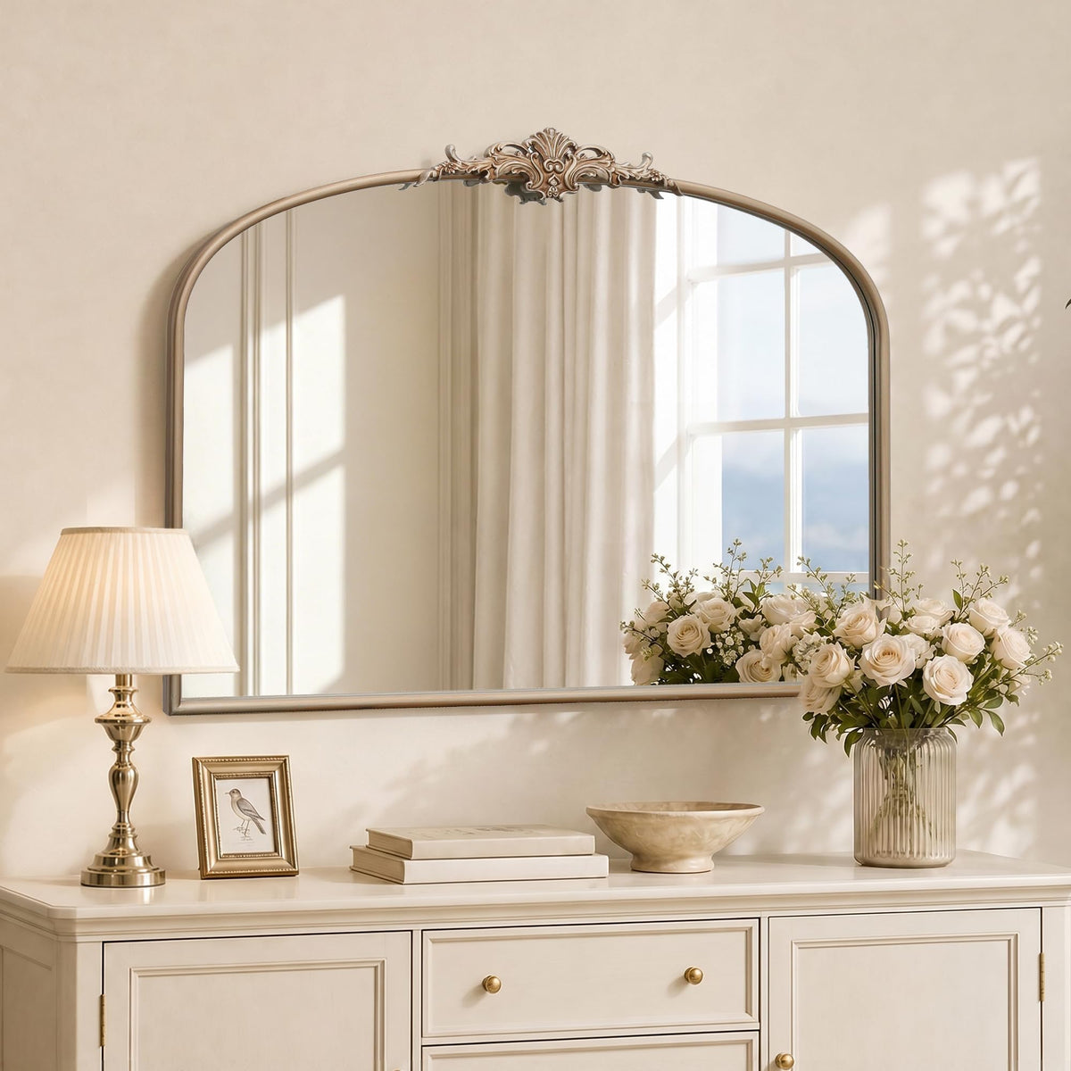 Besdomus Vintage Arched Gold Mirror: 40"x29" Large Brass Antique Decorative