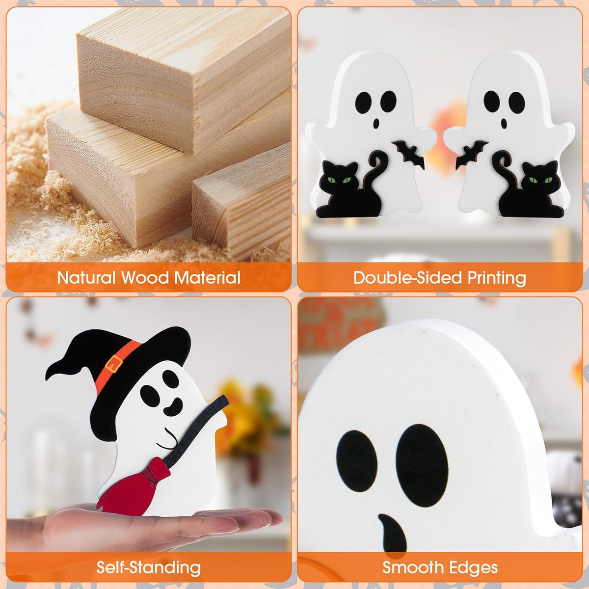 3 Pcs Halloween Ghost Decor - Cute Ghost Decorations Indoor, Wooden Tiered Tray Decor Table Sign Set, Halloween Table Decor Witch Broom Pumpkin Bat Blocks for Party Home Shelf Display