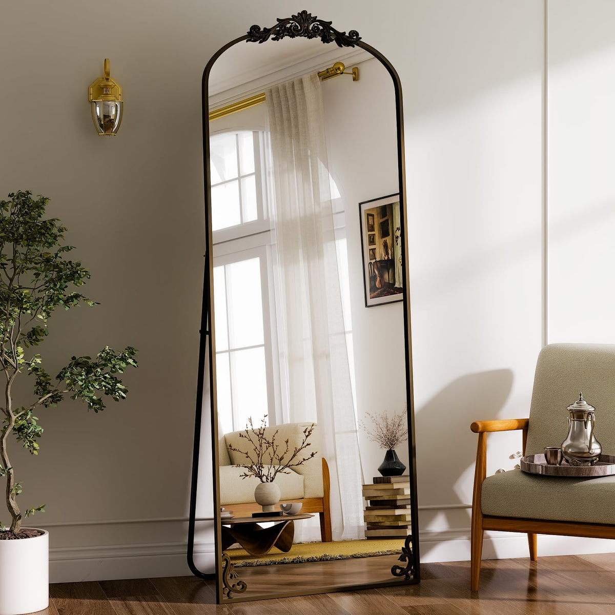 GLSLAND Arched Full Length Mirror,64"x21" Vintage Carved Floor Mirror Gold