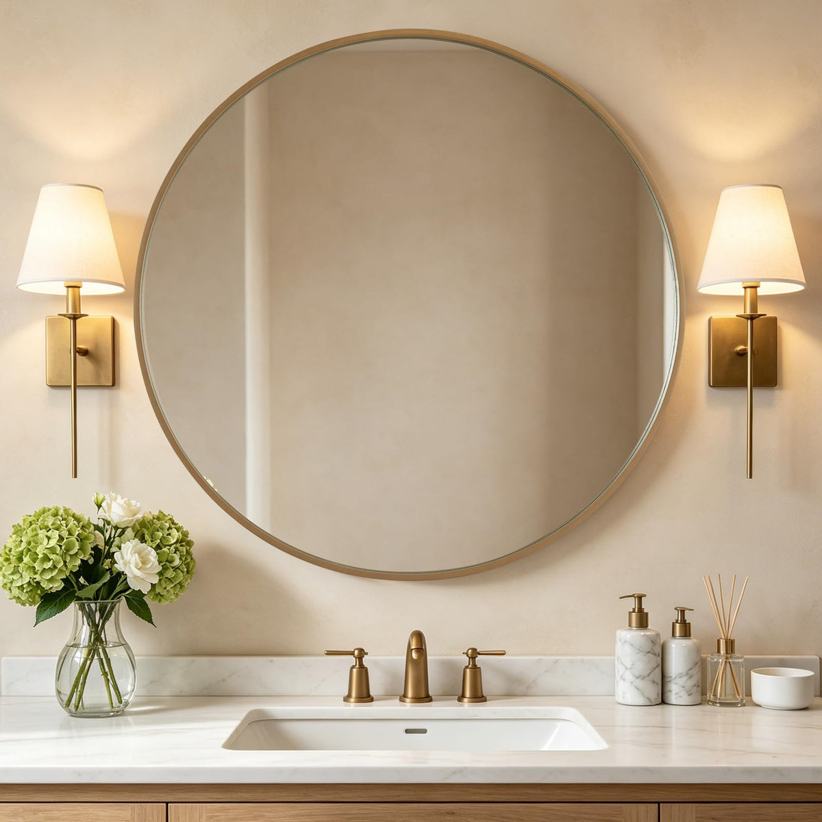 WallBeyond Wood Round Mirror with Wood Frame 24 inch Circle Wall Mirror for Bathroom Round Wall Mirror for Wall Decor, Vanity, Entryway Living Room (Walnut)