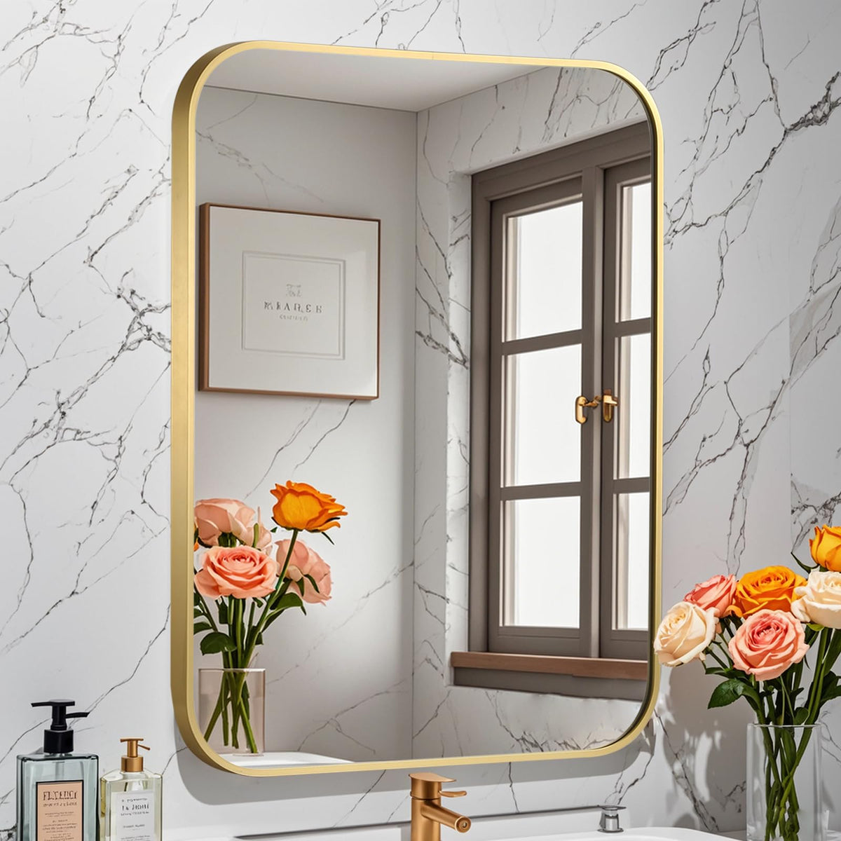 Brushed Nickel Bathroom Mirror, 30"x36" Rectangle Mirror, Brushed Mirror, Metal Frame Square Corner Vanity Mirror, Wall Mounted Mirror for Modern, Living Room, Bedroom, Horizontal Or Vertical