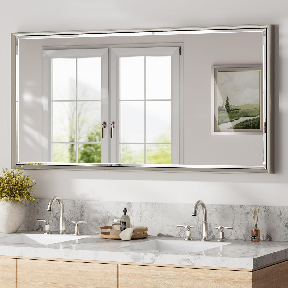Brushed Nickel Bathroom Mirror, 24x32 Inch Beveled Framed Bathroom Mirror Anti-Rust, Brushed Nickel Metal Frame Bathroom Vanity Mirror for Wall, Vertical/Horizontal Wall-Mounted Mirrors