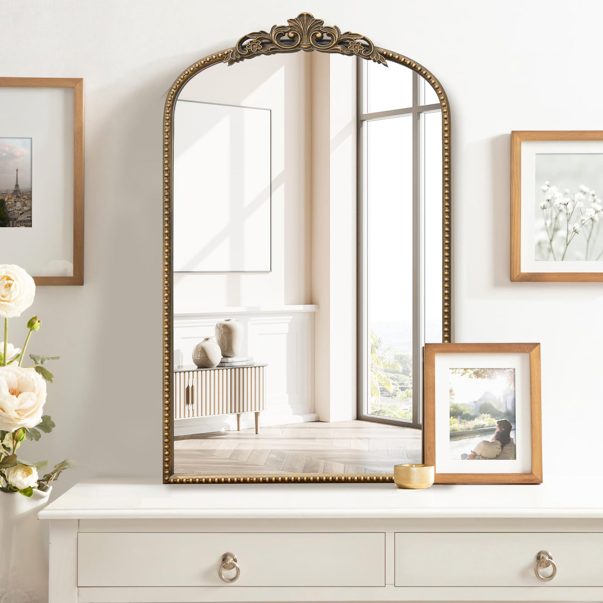 Micasso Vintage Bronze Wall Mirror: 40"x29" Baroque Antique Arched Mirror