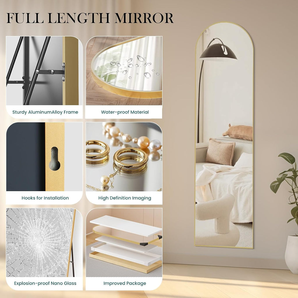 NEWBULIG 59"x16" Arched Full Length Mirror, Full Body Floor Mirror, Gold