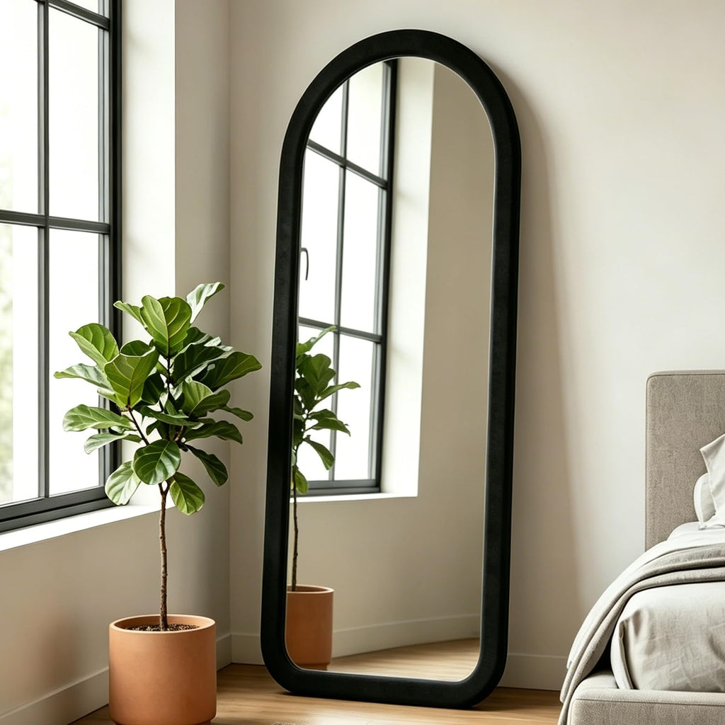Full Length Mirror 56"x20" Arch Floor Mirror with Stand Arched Full Body Mirror Standing Hanging or Leaning Against Wall for Bedroom Flannel Wrapped Wooden Frame Purple