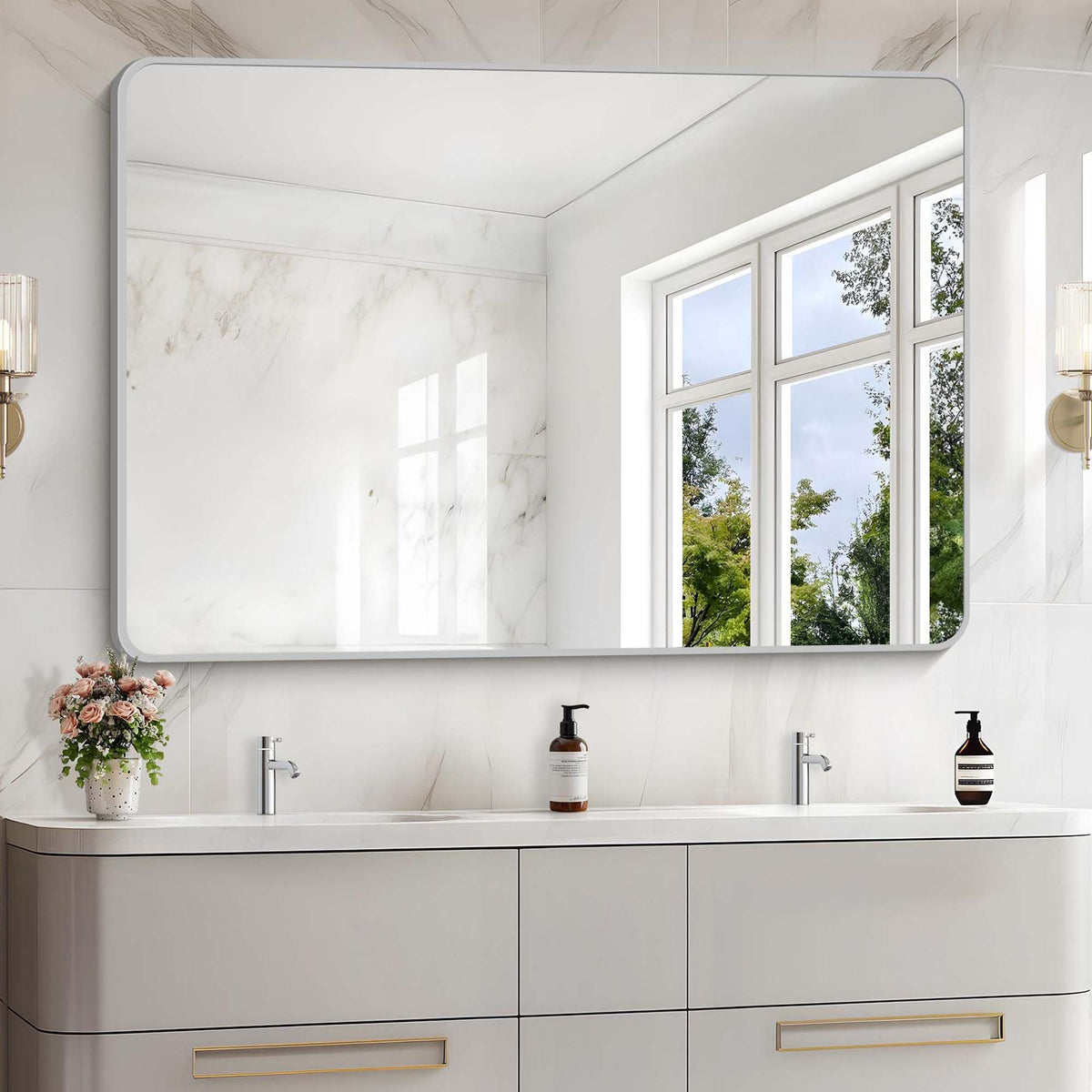Black Bathroom Mirror, 28x42 inch Aluminum Metal Frame Rectangular Vanity Mirror, Wall Mounted Rectangle Mirrors with Rounded Corner for Bedroom Living Room Hangs Horizontal Or Vertical