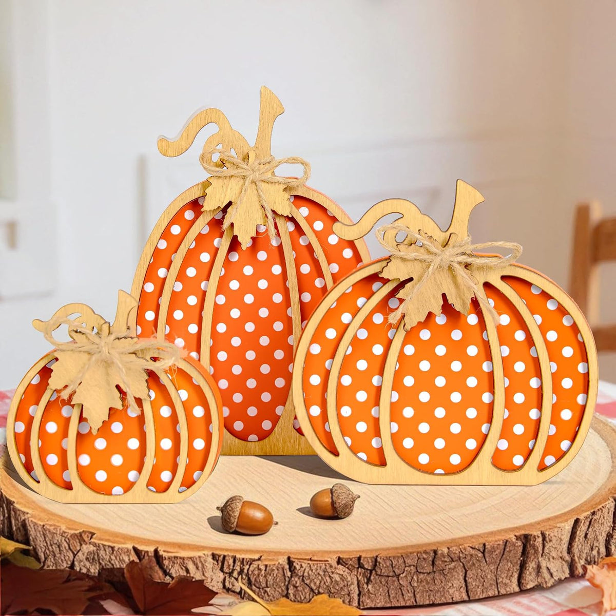 OLANRUN Fall Pumpkin Decor, Thanksgiving Fall Decorations for Home, Wooden Pumpkin Autumn Decor, 3 PCS Handmade Crafts, Thanksgiving Decorations for Indoor, Home Table Tiered Tray Mantel (4-8 Inch)