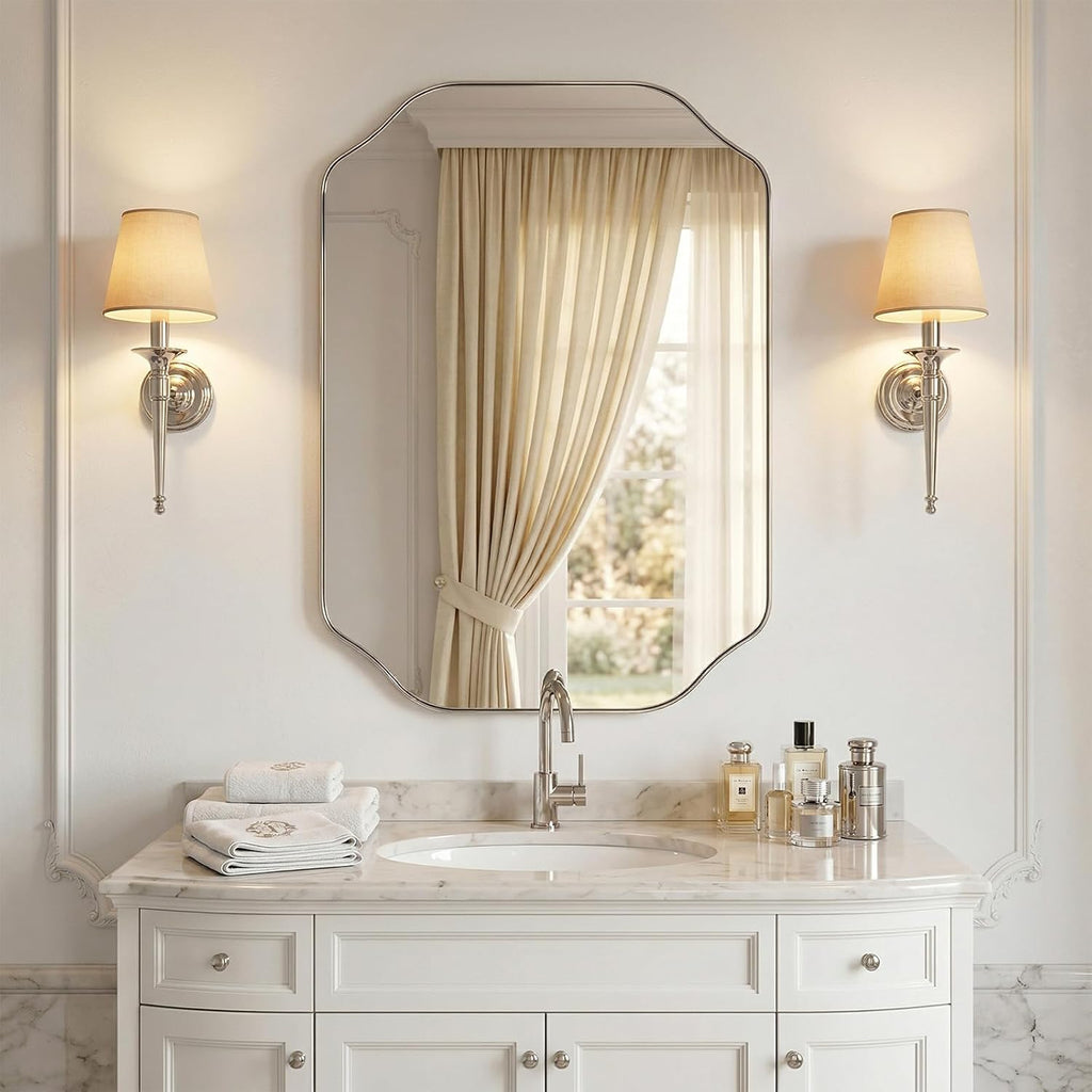 24x32 Inch Bathroom Mirror, Brushed Nickel Scalloped Wall Vanity Mirror Anti-Rust Stainless Steel 0.8" Frame Wall Mounts Horizontally or Vertically