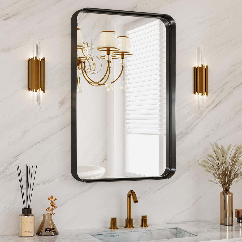 30x36 Inch Black Metal Framed Bathroom Mirror for Wall, HD Tempered Glass