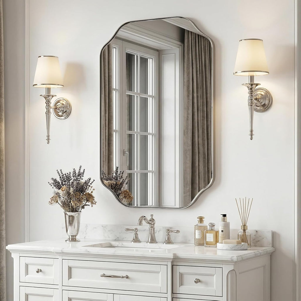 24x32 Inch Bathroom Mirror, Brushed Nickel Scalloped Wall Vanity Mirror Anti-Rust Stainless Steel 0.8" Frame Wall Mounts Horizontally or Vertically