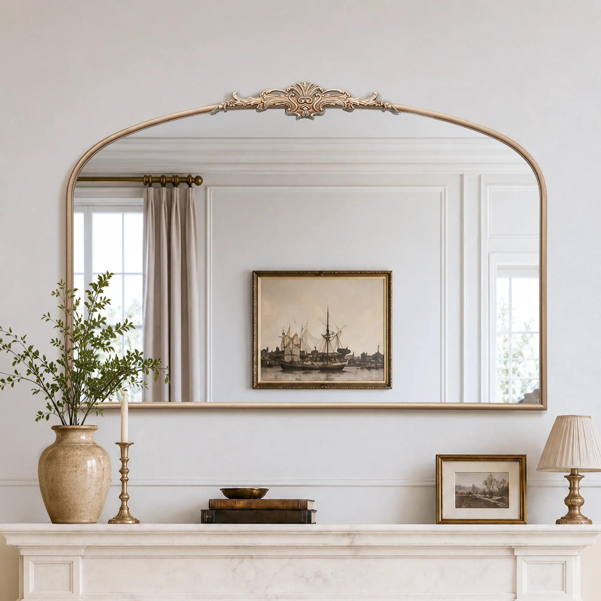 Besdomus Vintage Arched Gold Mirror: 40"x29" Large Brass Antique Decorative