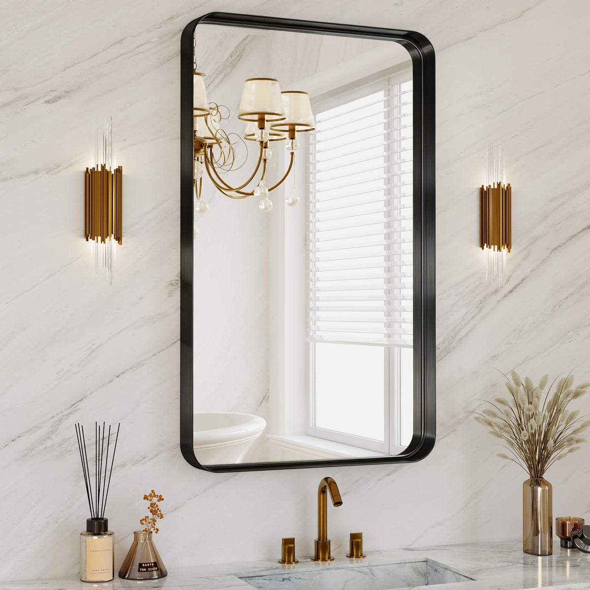 30x36 Inch Black Metal Framed Bathroom Mirror for Wall, HD Tempered Glass