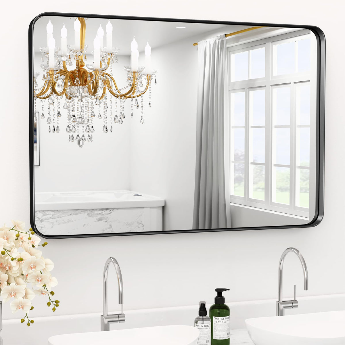 Black Bathroom Mirror 24 x 28 in Vanity Mirror,Metal Frame Wall Mirror,Farmhouse Rectangle Mirror, Bathroom Mirrors for Over Sink,Horizontal or Vertical Hanging