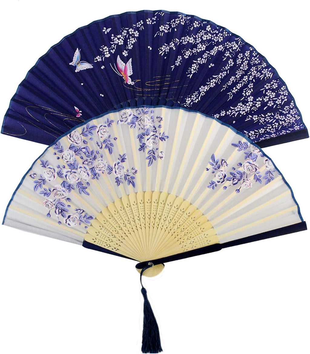 Bantoye 2Pcs Handheld Fans Silk Folding Fans with Bamboo Frames, White Blue