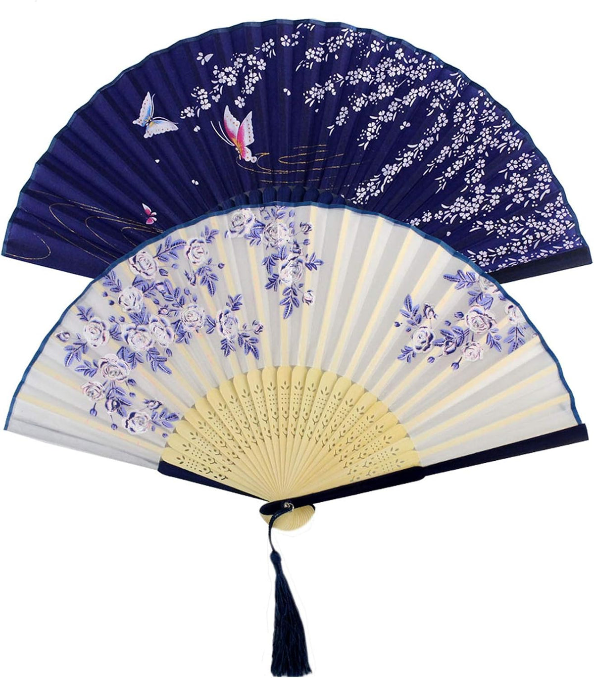 Bantoye 2Pcs Handheld Fans Silk Folding Fans with Bamboo Frames, White Blue