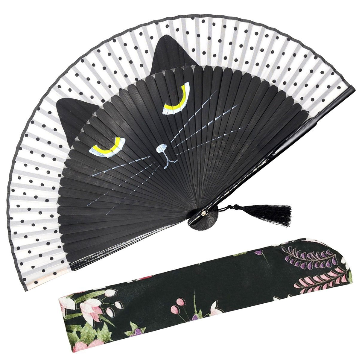 OMyTea Hand Fan Foldable for Women, Japanese Chinese Fan, Solid Black