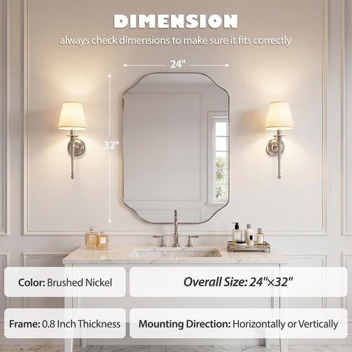 24x32 Inch Bathroom Mirror, Brushed Nickel Scalloped Wall Vanity Mirror Anti-Rust Stainless Steel 0.8" Frame Wall Mounts Horizontally or Vertically