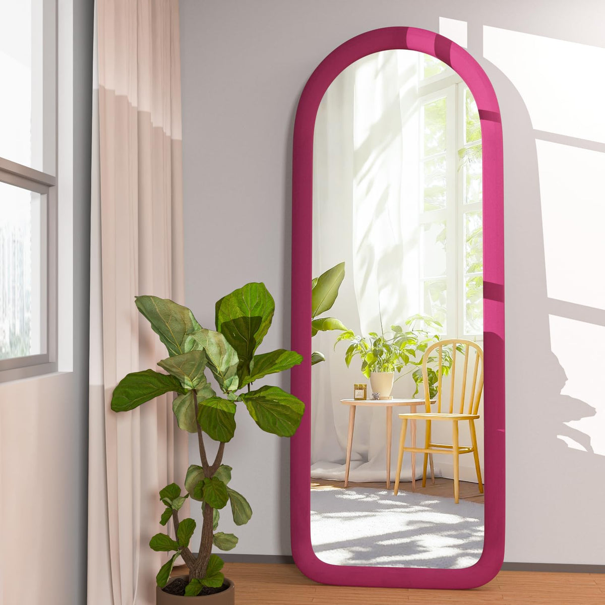 Full Length Mirror 56"x20" Arch Floor Mirror with Stand Arched Full Body Mirror Standing Hanging or Leaning Against Wall for Bedroom Flannel Wrapped Wooden Frame Purple