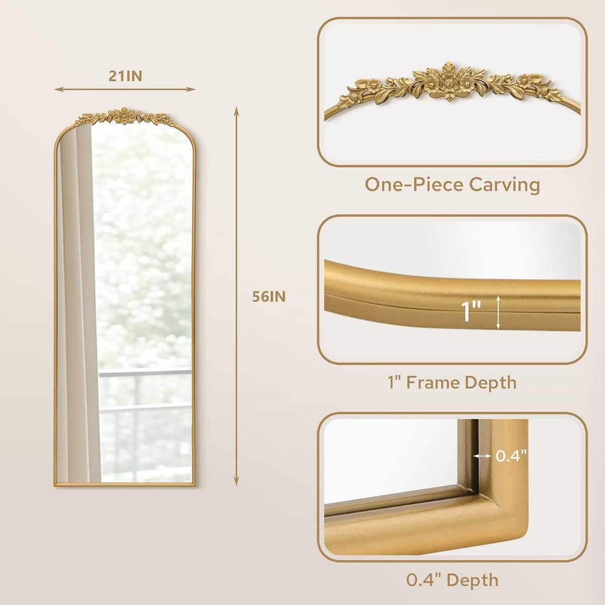 Besdomus Vintage Full Length Mirror: 21"x56" Gold Antique Floor Long Mirror