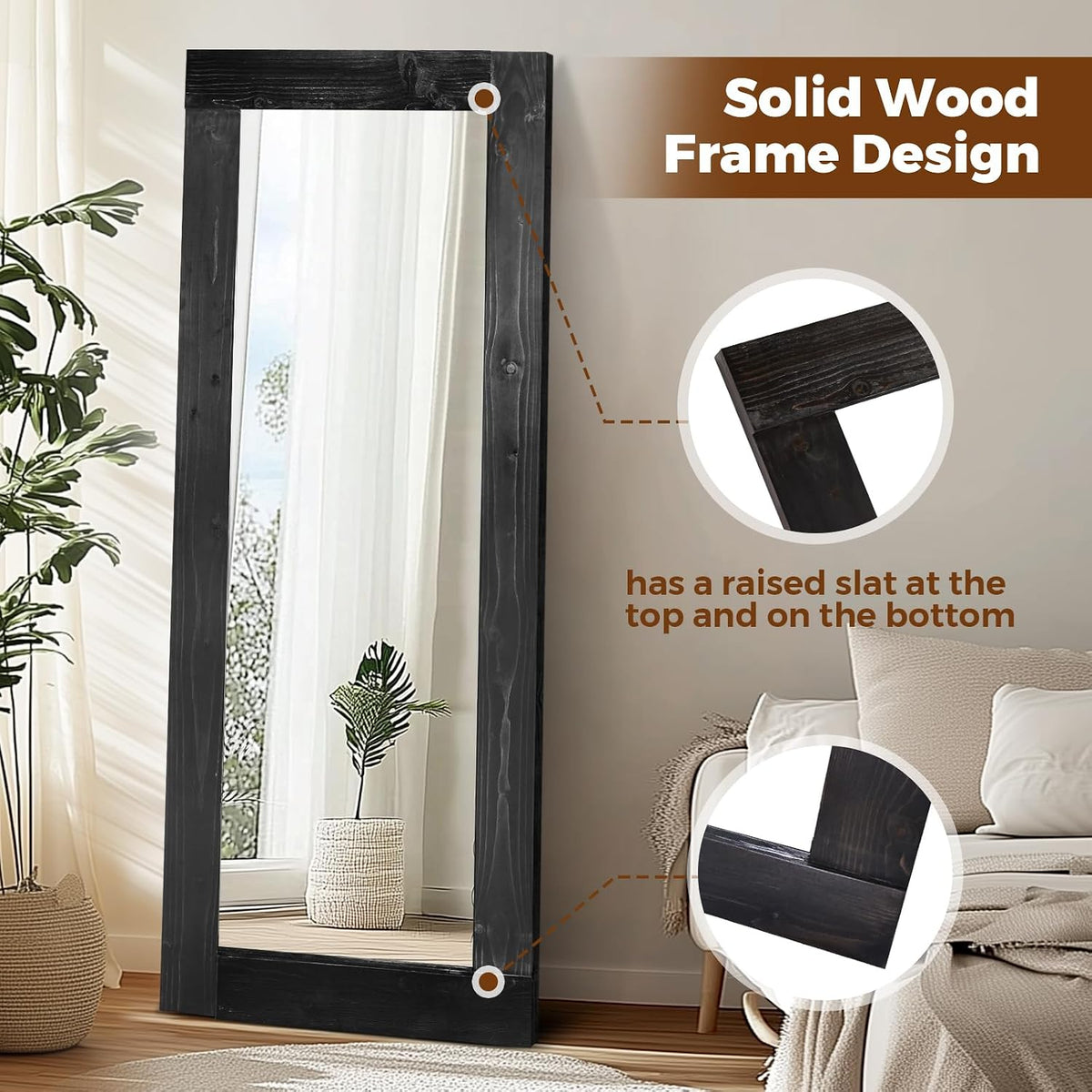 58x24in Full Length Mirror, Solid Wood Convex Frame, Black
