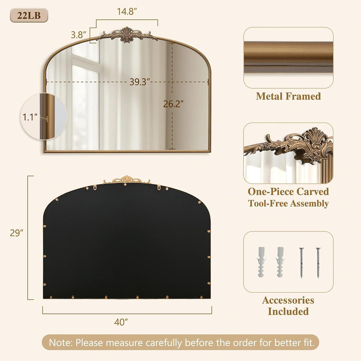 Besdomus Vintage Arched Gold Mirror: 40"x29" Large Brass Antique Decorative