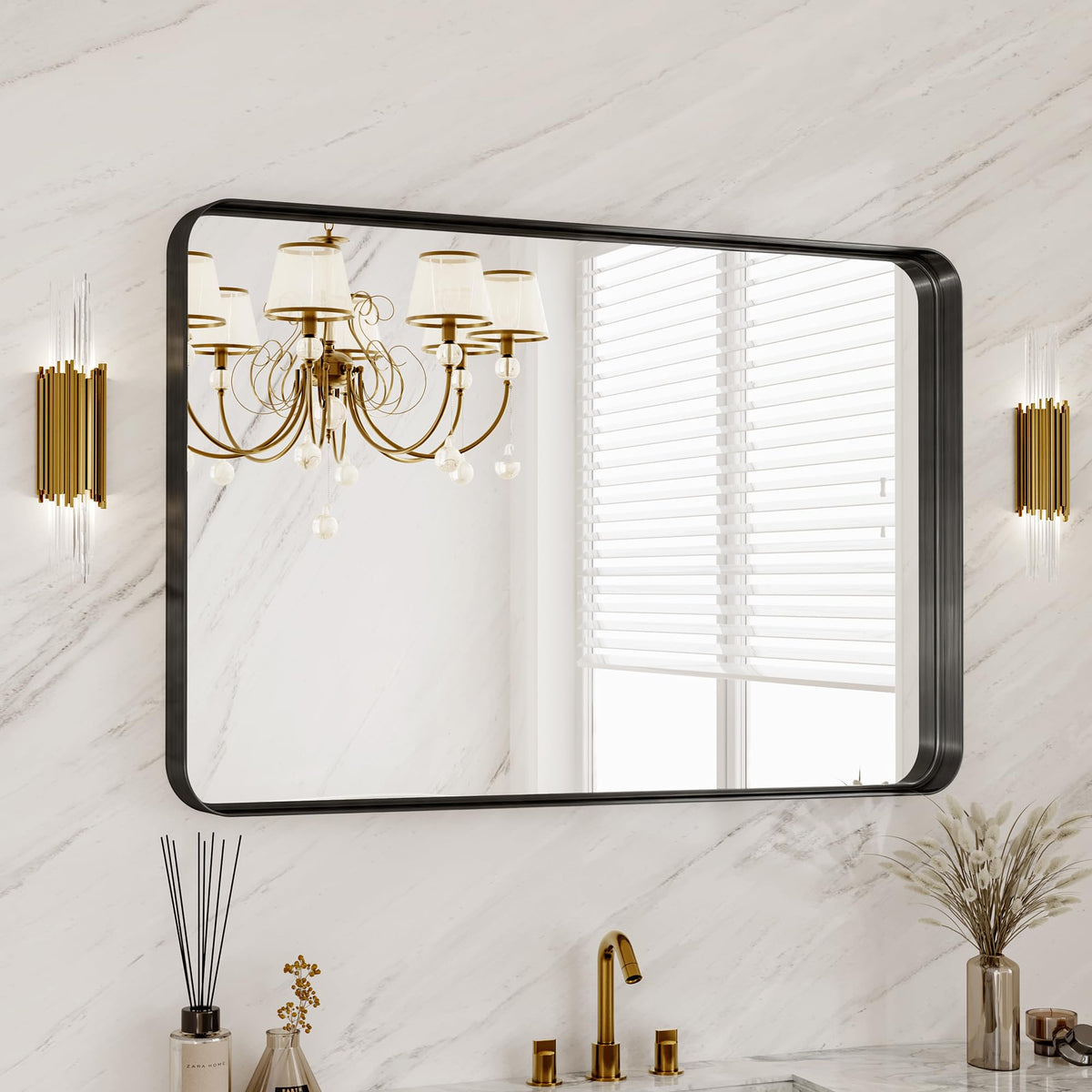 30x36 Inch Black Metal Framed Bathroom Mirror for Wall, HD Tempered Glass