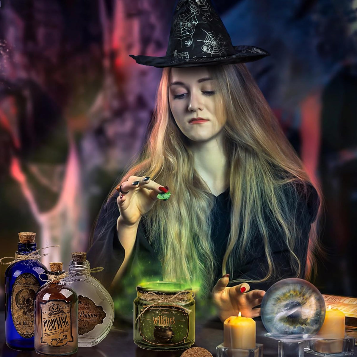 Halloween Decoration Potion Bottles – 4 Glass Jars 10 Labels Witch