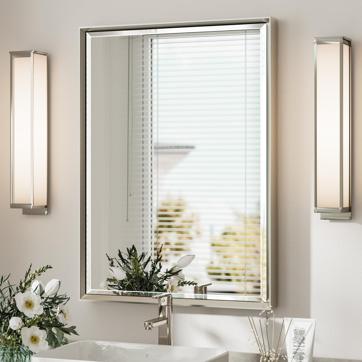Brushed Nickel Bathroom Mirror, 24x32 Inch Beveled Framed Bathroom Mirror Anti-Rust, Brushed Nickel Metal Frame Bathroom Vanity Mirror for Wall, Vertical/Horizontal Wall-Mounted Mirrors