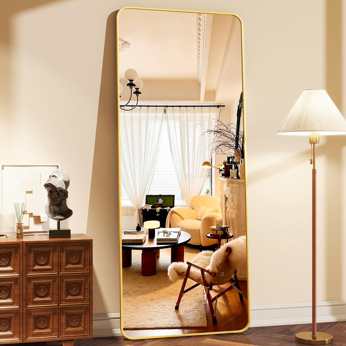 XRAMFY 76"x34" Floor Full Length Mirror Standing Full Body Rounded Corner Rectangle Mirrors with Stand Hanging Wall Mounted Leaning Bedroom Living Room Bedroom Cloakroom,Black